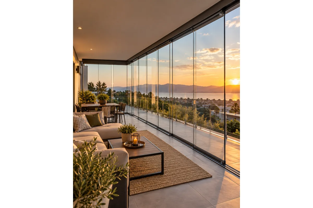 Terraza cerrada con paneles de cristal y vista al atardecer.