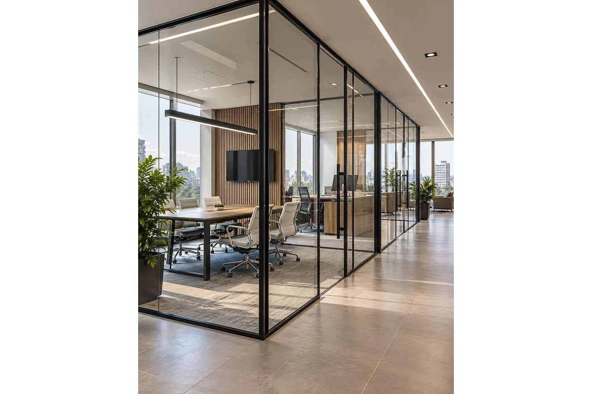 Oficina moderna organizada con divisiones de cristal.